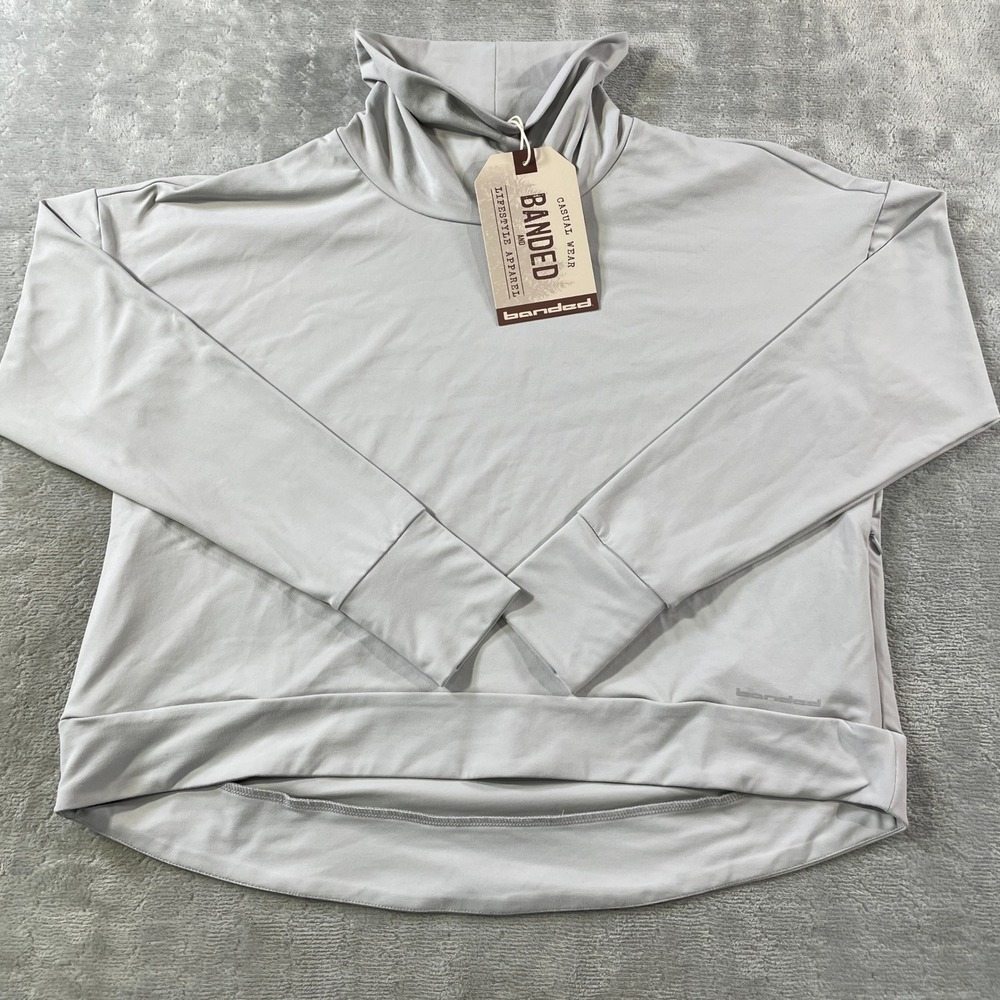 Banded Pullover Top Womens Medium Grey Cowl Neck Long Sleeve Stretch Casual